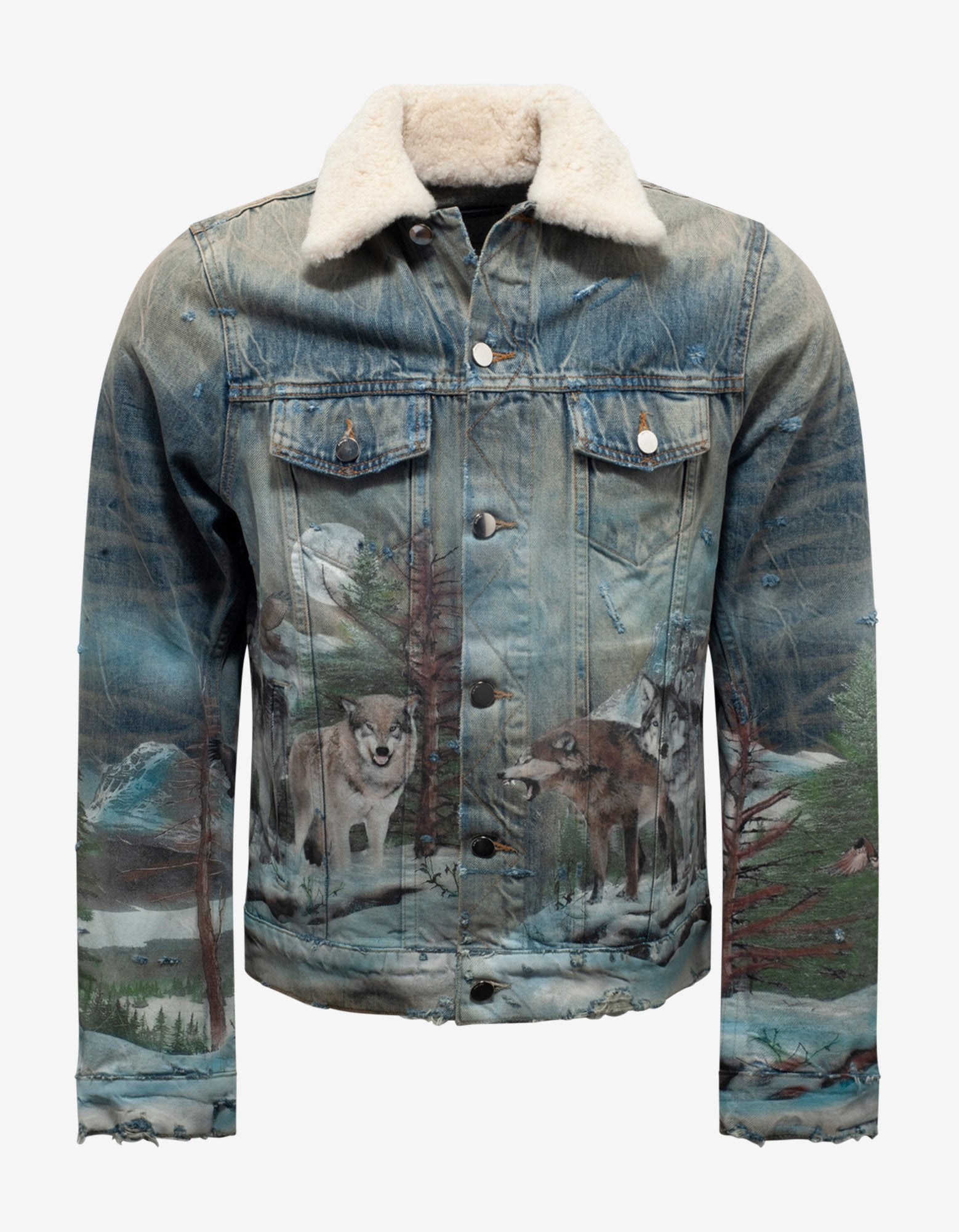 Vintage Blue Shearling Airbrush Trucker Jacket - Main Image